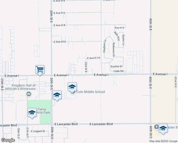 map of restaurants, bars, coffee shops, grocery stores, and more near 3311 East Avenue I in Lancaster
