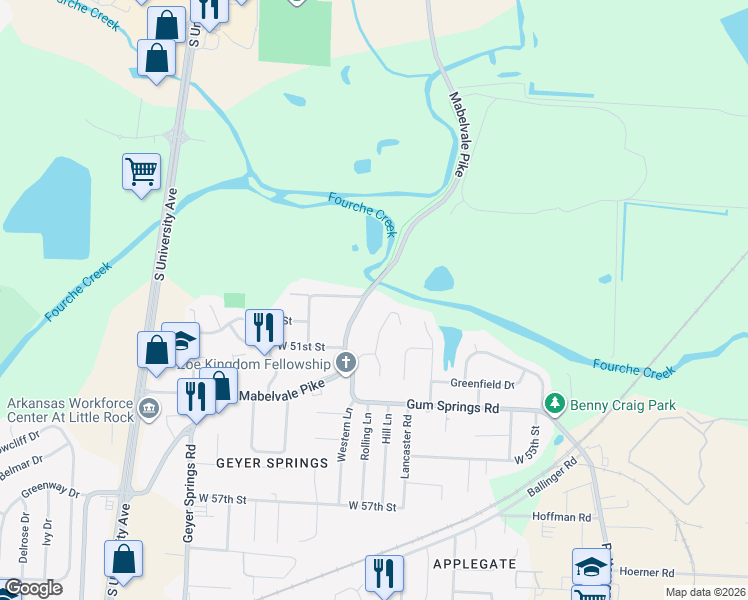 map of restaurants, bars, coffee shops, grocery stores, and more near 4858 Mabelvale Pike in Little Rock
