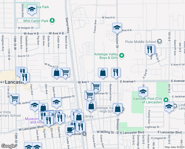 map of restaurants, bars, coffee shops, grocery stores, and more near 45231 Trevor Avenue in Lancaster