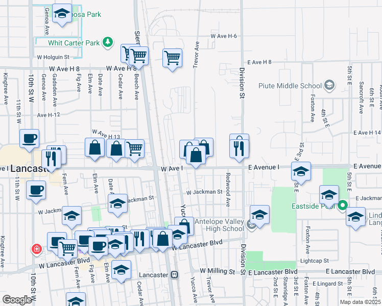 map of restaurants, bars, coffee shops, grocery stores, and more near 45231 Trevor Avenue in Lancaster