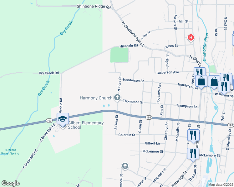 map of restaurants, bars, coffee shops, grocery stores, and more near 106 North Flora Street in LaFayette