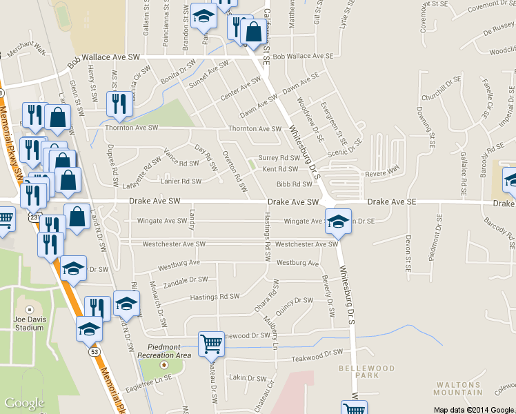 map of restaurants, bars, coffee shops, grocery stores, and more near 2820 Hastings Road Southwest in Huntsville