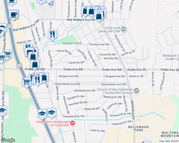 map of restaurants, bars, coffee shops, grocery stores, and more near 228 Drake Avenue Southwest in Huntsville