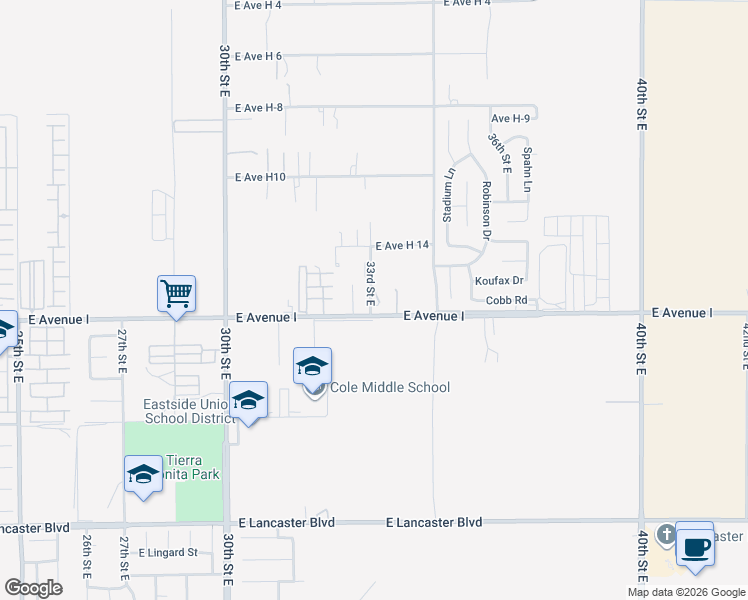 map of restaurants, bars, coffee shops, grocery stores, and more near 3301 East Avenue I in Lancaster