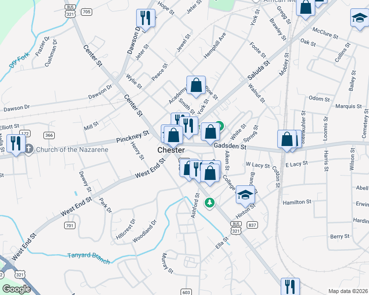map of restaurants, bars, coffee shops, grocery stores, and more near 123 Main Street in Chester