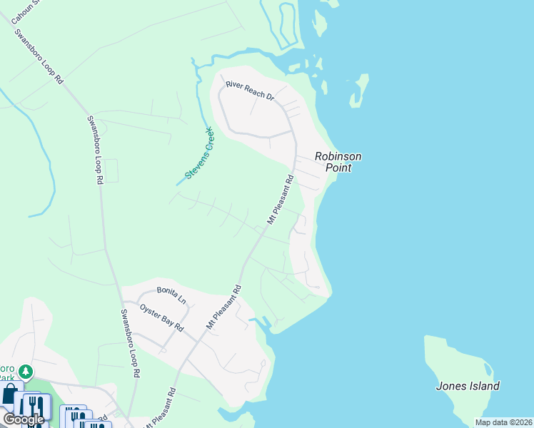 map of restaurants, bars, coffee shops, grocery stores, and more near 1292 Mount Pleasant Road in Swansboro