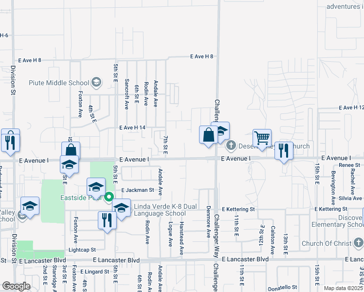 map of restaurants, bars, coffee shops, grocery stores, and more near 741 East Avenue I in Lancaster