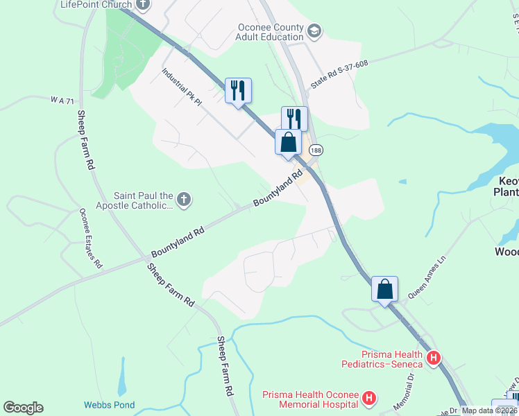 map of restaurants, bars, coffee shops, grocery stores, and more near 135 Bountyland Road in Seneca