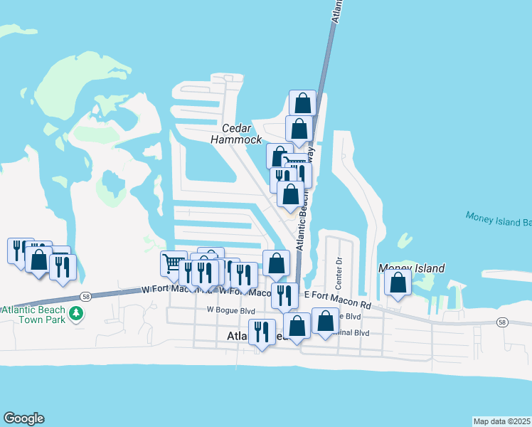 map of restaurants, bars, coffee shops, grocery stores, and more near 131 Old Causeway Road in Atlantic Beach