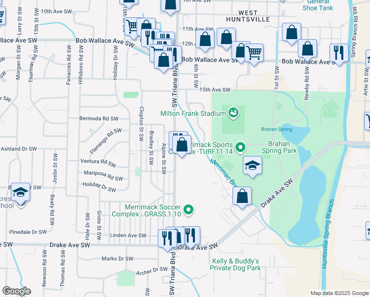 map of restaurants, bars, coffee shops, grocery stores, and more near 3108 Ivy Avenue Southwest in Huntsville