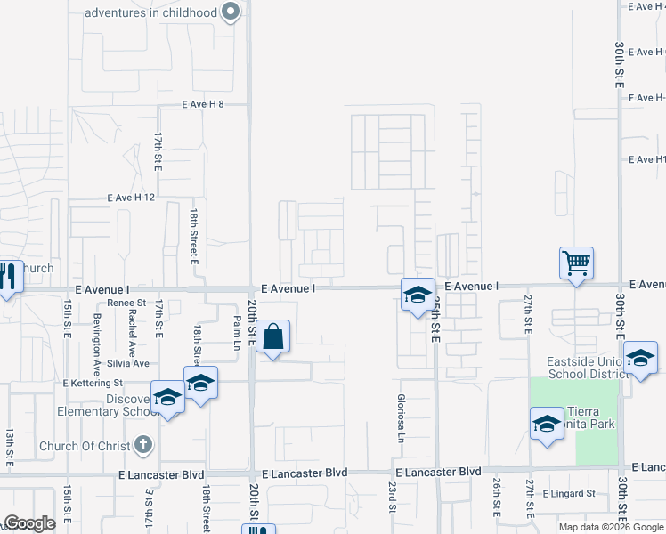 map of restaurants, bars, coffee shops, grocery stores, and more near 2121 East Avenue H10 in Lancaster