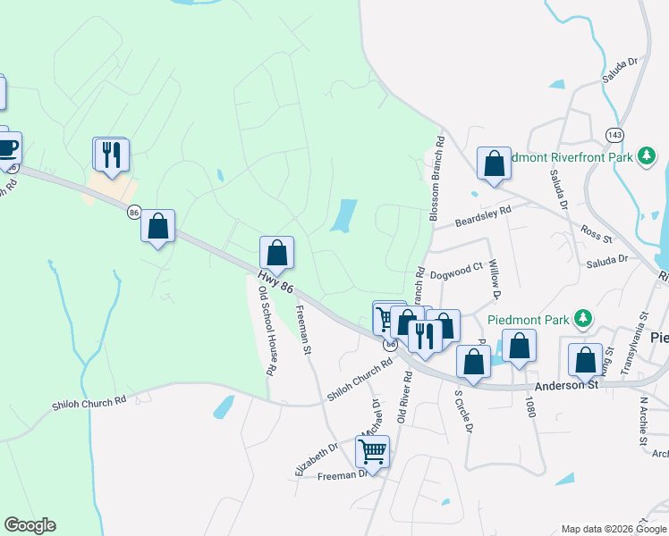 map of restaurants, bars, coffee shops, grocery stores, and more near 1200 South Carolina 86 in Piedmont