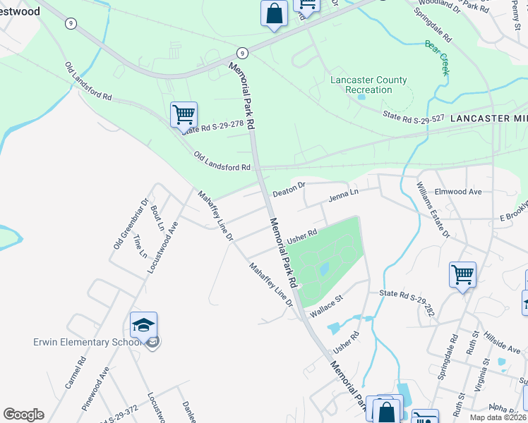 map of restaurants, bars, coffee shops, grocery stores, and more near 1232 Memorial Park Road in Lancaster