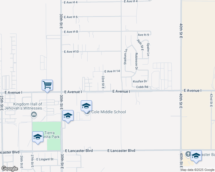 map of restaurants, bars, coffee shops, grocery stores, and more near 3311 East Avenue I in Lancaster