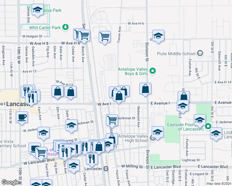 map of restaurants, bars, coffee shops, grocery stores, and more near 45231 Trevor Avenue in Lancaster
