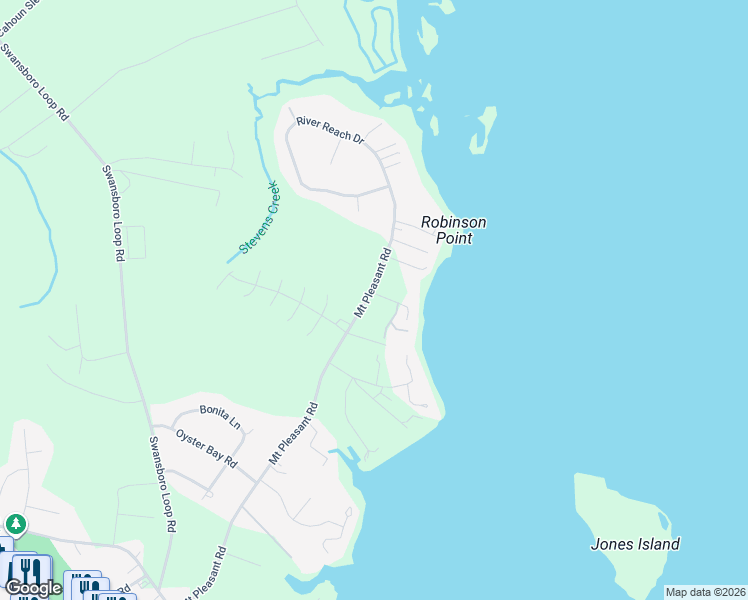 map of restaurants, bars, coffee shops, grocery stores, and more near 1292 Mount Pleasant Road in Swansboro