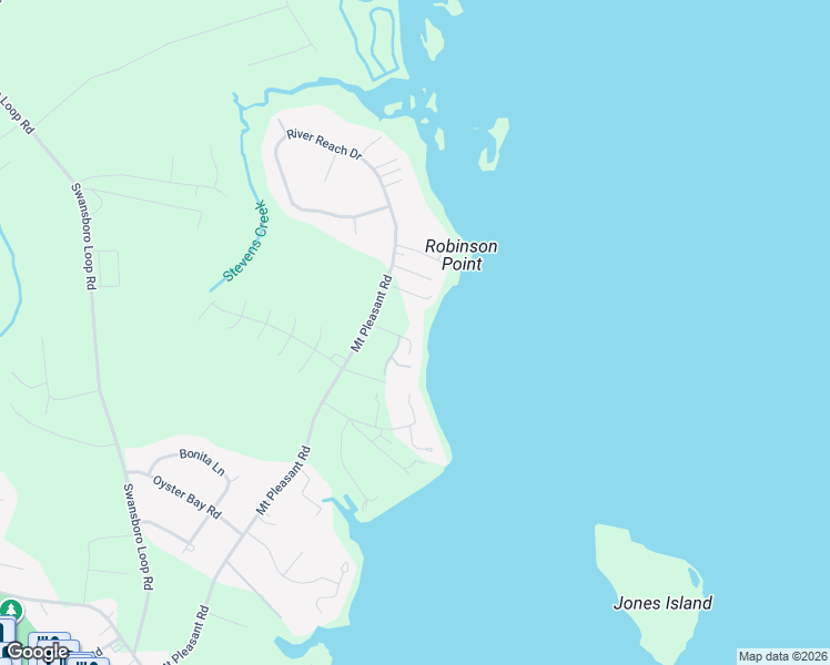 map of restaurants, bars, coffee shops, grocery stores, and more near 129 Phillips Loop Road in Swansboro