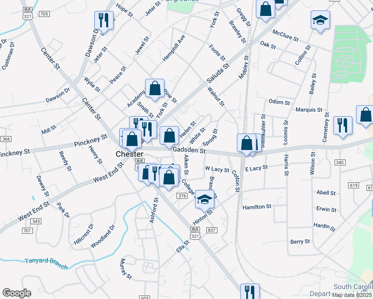 map of restaurants, bars, coffee shops, grocery stores, and more near Gadsden Street in Chester
