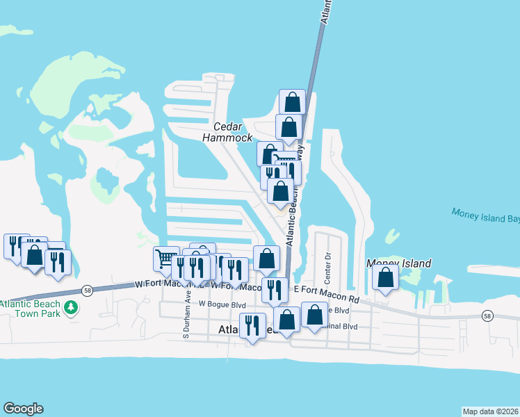map of restaurants, bars, coffee shops, grocery stores, and more near 127 Old Causeway Road in Atlantic Beach