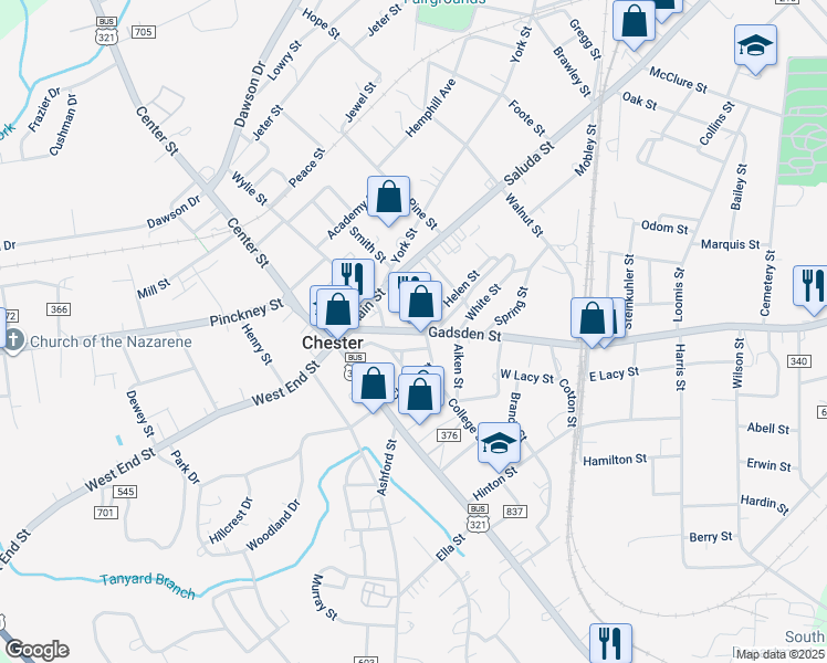 map of restaurants, bars, coffee shops, grocery stores, and more near 150 Gadsden Street in Chester