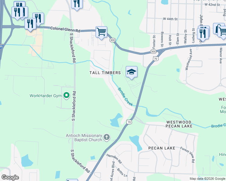 map of restaurants, bars, coffee shops, grocery stores, and more near 5202 Timberland Drive in Little Rock