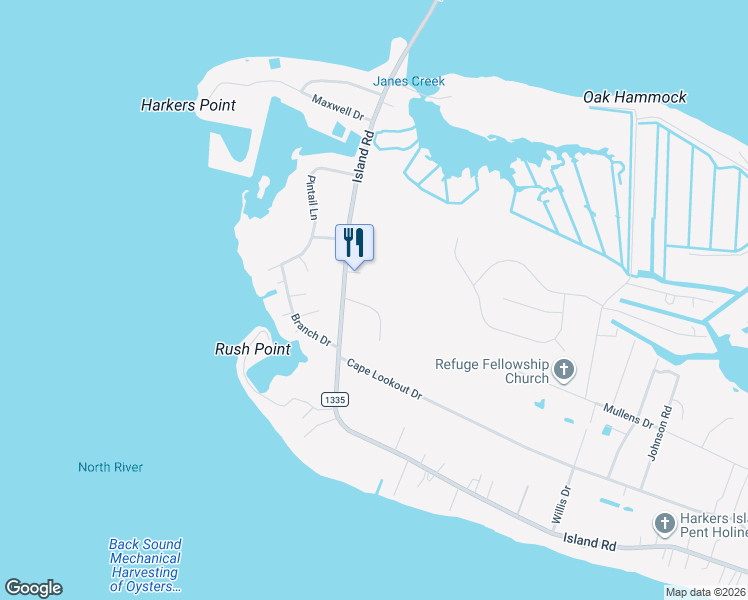 map of restaurants, bars, coffee shops, grocery stores, and more near 101-373 Beacon Street in Harkers Island