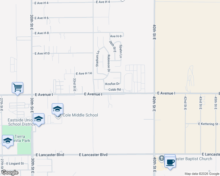 map of restaurants, bars, coffee shops, grocery stores, and more near 3624 Koufax Drive in Lancaster