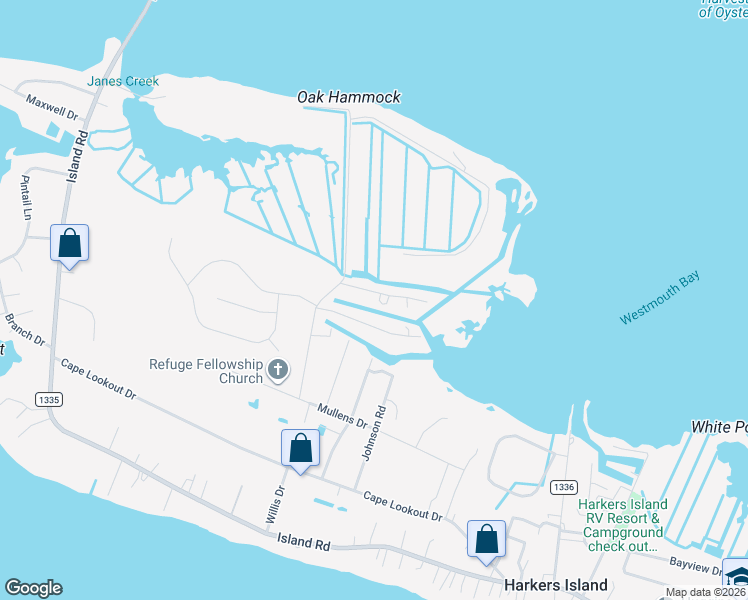 map of restaurants, bars, coffee shops, grocery stores, and more near 122 Westmouth Bay Drive in Harkers Island