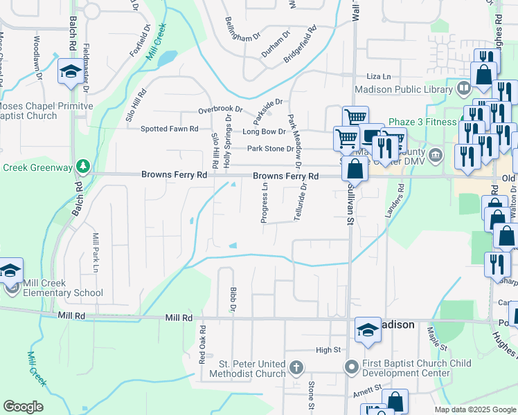 map of restaurants, bars, coffee shops, grocery stores, and more near 112 Progress Lane in Madison