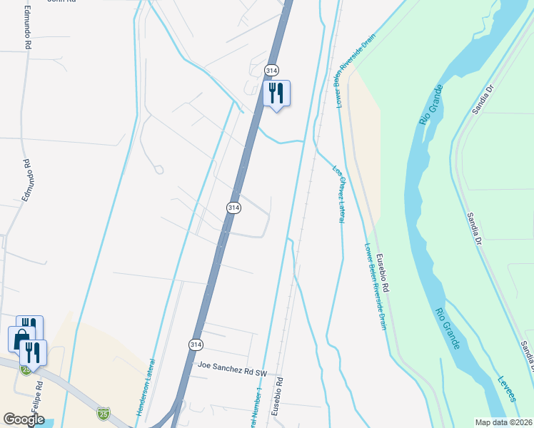 map of restaurants, bars, coffee shops, grocery stores, and more near 24 Los Chavez Loop in Belen