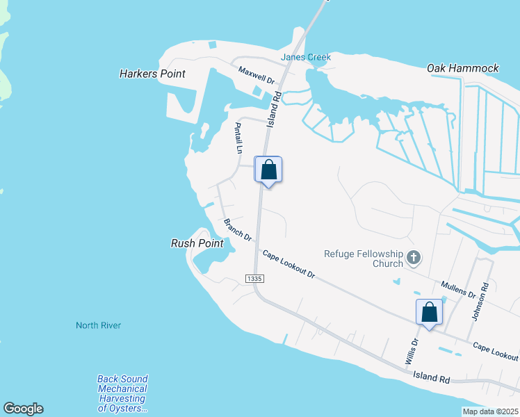 map of restaurants, bars, coffee shops, grocery stores, and more near 340 Island Road in Harkers Island