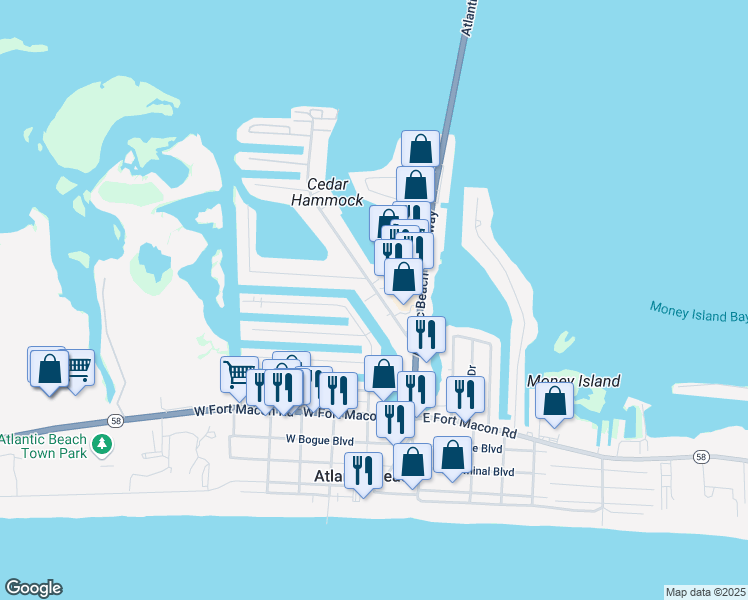 map of restaurants, bars, coffee shops, grocery stores, and more near 131 Old Causeway Road in Atlantic Beach