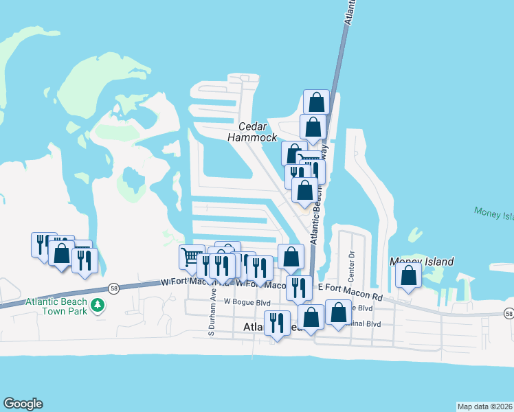 map of restaurants, bars, coffee shops, grocery stores, and more near 504 North Kinston Avenue in Atlantic Beach