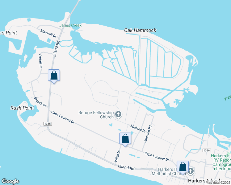map of restaurants, bars, coffee shops, grocery stores, and more near 206 Tall Pines Way in Harkers Island