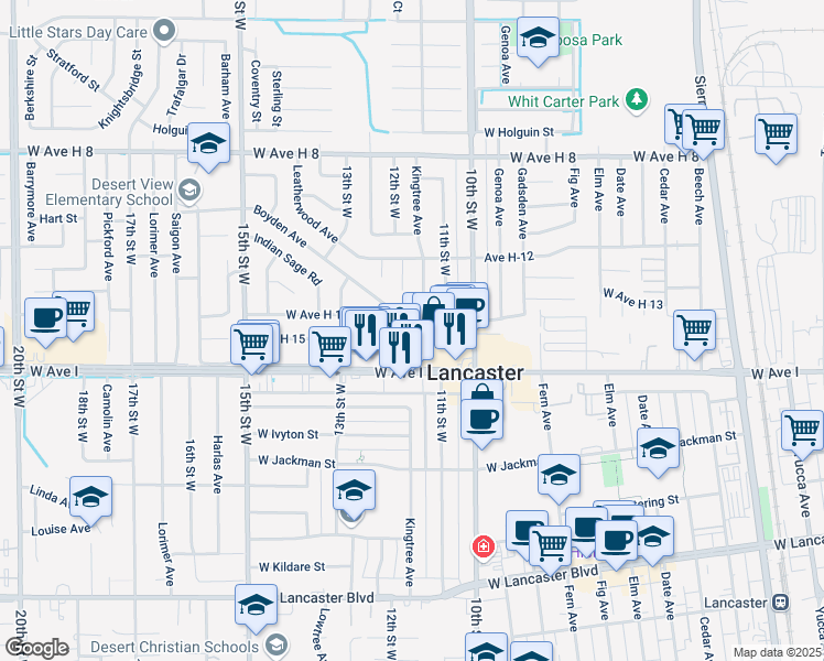 map of restaurants, bars, coffee shops, grocery stores, and more near 45256 Kingtree Avenue in Lancaster