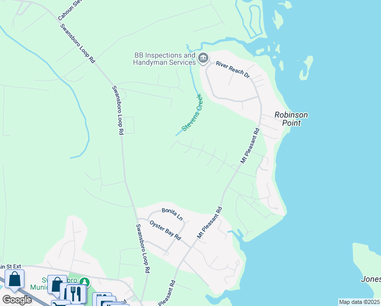 map of restaurants, bars, coffee shops, grocery stores, and more near 703 Hummingbird South in Swansboro