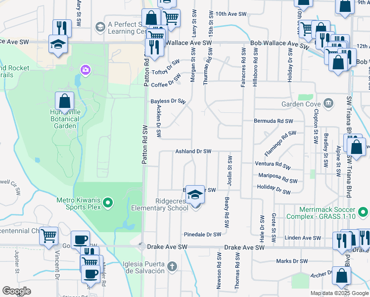 map of restaurants, bars, coffee shops, grocery stores, and more near 3900 Ashland Drive Southwest in Huntsville