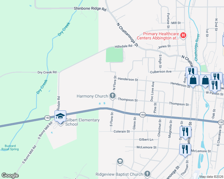 map of restaurants, bars, coffee shops, grocery stores, and more near 110 South Flora Street in LaFayette