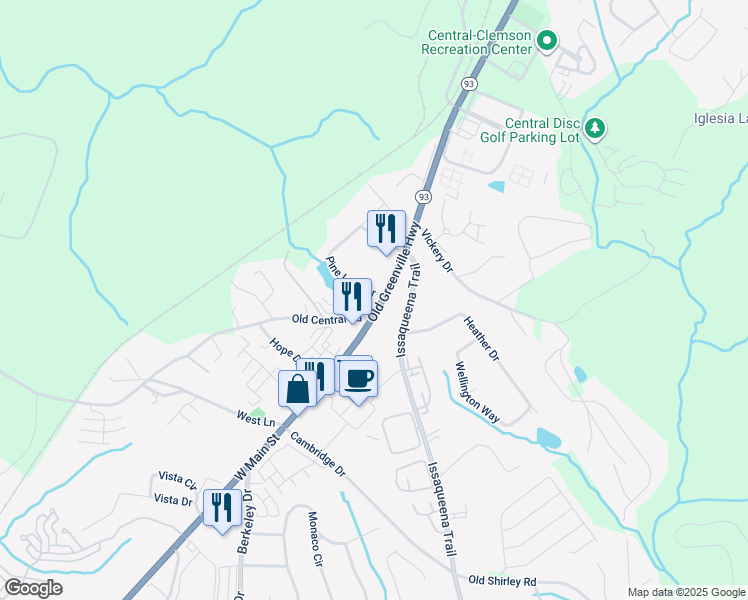 map of restaurants, bars, coffee shops, grocery stores, and more near 103 Pine Lake Drive in Central
