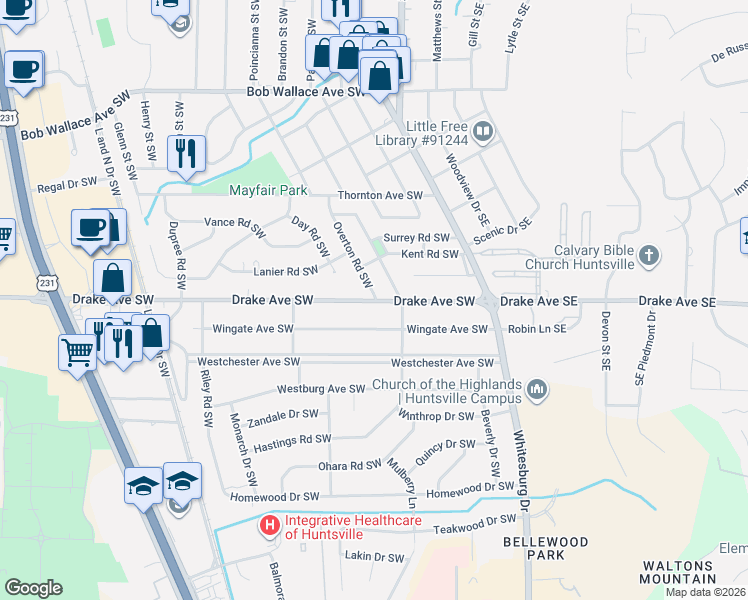map of restaurants, bars, coffee shops, grocery stores, and more near 218 Drake Avenue Southwest in Huntsville
