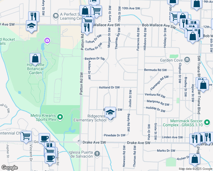 map of restaurants, bars, coffee shops, grocery stores, and more near 3900 Ashland Drive Southwest in Huntsville