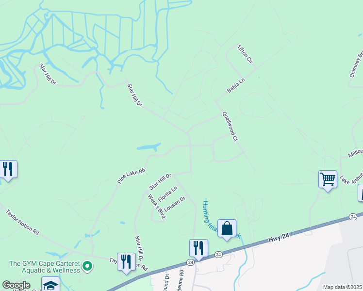 map of restaurants, bars, coffee shops, grocery stores, and more near 142 Pine Lake Rd in Cape Carteret