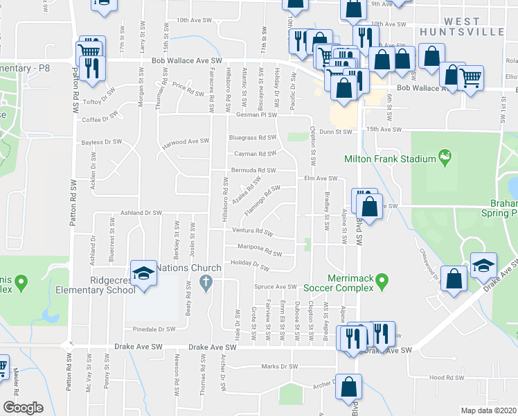 map of restaurants, bars, coffee shops, grocery stores, and more near 3521 Flamingo Road Southwest in Huntsville