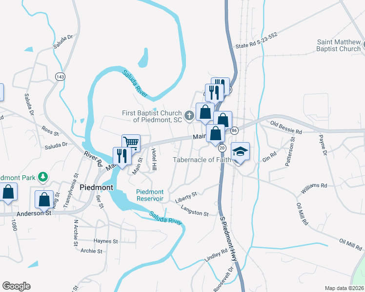map of restaurants, bars, coffee shops, grocery stores, and more near 51 Old Bessie Road in Piedmont