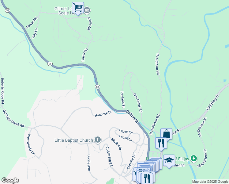 map of restaurants, bars, coffee shops, grocery stores, and more near 185 Penland Street in Ellijay