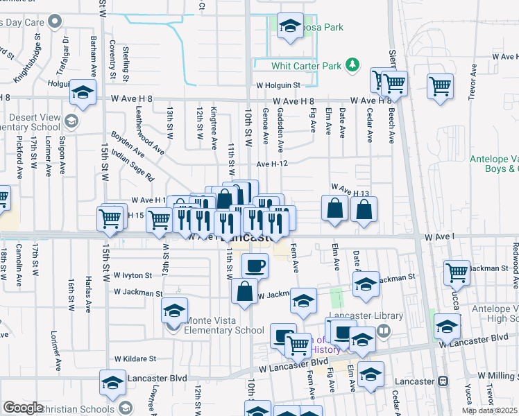 map of restaurants, bars, coffee shops, grocery stores, and more near 60 West Avenue H-14 in Lancaster