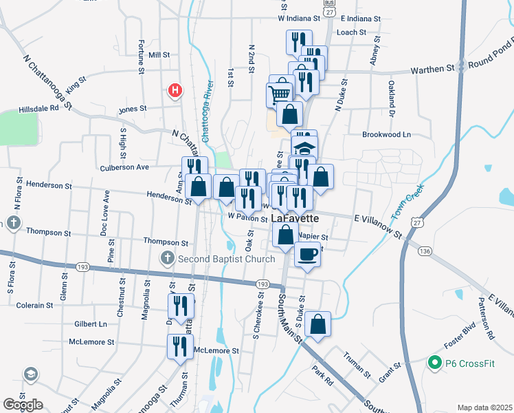 map of restaurants, bars, coffee shops, grocery stores, and more near 205 West Villanow Street in LaFayette