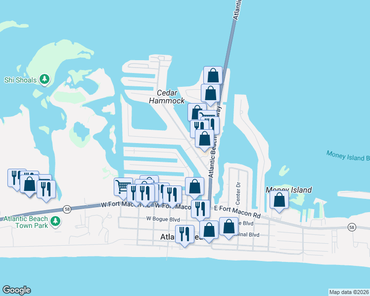 map of restaurants, bars, coffee shops, grocery stores, and more near 131 Old Causeway Road in Atlantic Beach