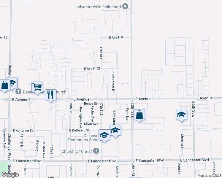 map of restaurants, bars, coffee shops, grocery stores, and more near 45235 18th Street East in Lancaster
