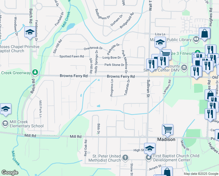 map of restaurants, bars, coffee shops, grocery stores, and more near 112 Progress Lane in Madison